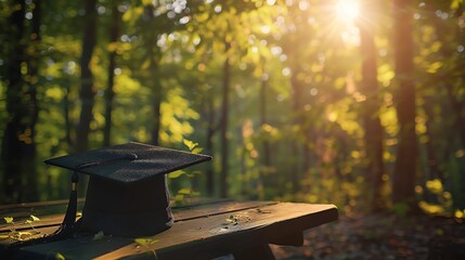 Naklejka premium A mortarboard and tassel placed on a picnic table in a forest, with sunlight filtering through the trees.