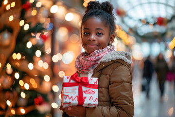 A smiling afro girl in a white jacket holds a wrapped gift in a beautifully decorated mall during the Christmas season. The festive lights and Christmas tree create a joyful and warm atmosphere