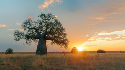 Naklejka premium Solitary Baobab at Sunset. Generative AI