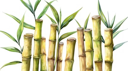 Hand drawn illustration of sugarcane without leaves, white background, beautiful and realistic