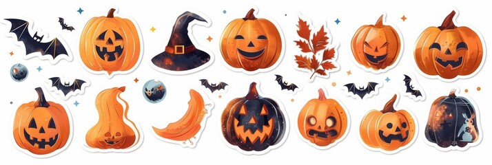 Vibrant Collection of Rhinestone Halloween Stickers Featuring Glittery Pumpkins, Bats, and Spiders on a Stark White Background