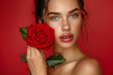 a beautiful woman with a red rose in her hands on a red background, a portrait of a beauty in the style of ultra-realistic skin and eyes, soft lighting