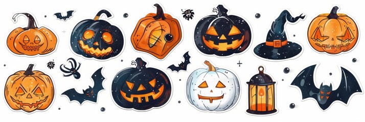 Fototapeta premium Vibrant Collection of Rhinestone Halloween Stickers Featuring Glittery Pumpkins, Bats, and Spiders on a Stark White Background