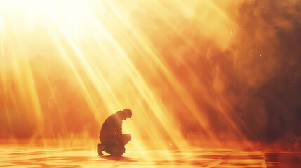 Person Kneeling in Prayer and Confession Under Dramatic Light Rays
