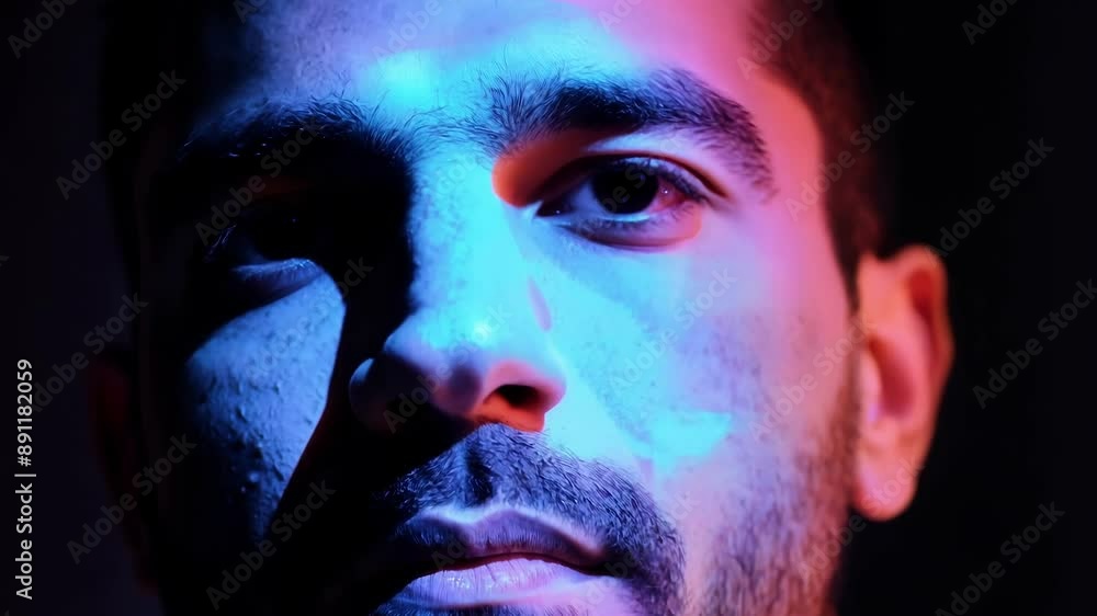 Poster a closeup of a mans face is illuminated by a projection of intricate and abstract patterns creating 