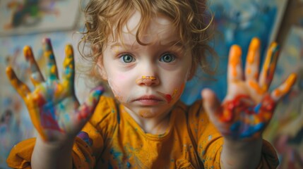 Little child with curly hair and painted hands plays and creates colorful artwork. Bright colors, and curious eyes, cute expression