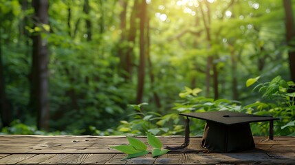 Naklejka premium A mortarboard resting on a rustic wooden table with a background of lush, green forest scenery.