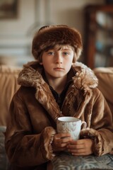 Frosty modern living room scene features young boy sitting on plush couch wearing brown, holding white mug with blue design. Soft natural filters in through window behind creating warm inviting