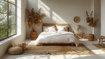 Background featuring a cozy, bohemian bedroom with a modern white wall, wooden furniture, and natural decor elements creates a chic and inviting atmosphere