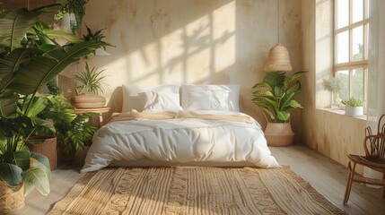 Background featuring a cozy, bohemian bedroom with a modern white wall, wooden furniture, and natural decor elements creates a chic and inviting atmosphere