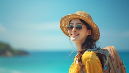 Portrait of a beautiful asian woman wearing hat and sunglasses on the beach. Travel concept