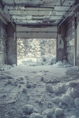 Naklejka premium Dilapidated warehouse with open garage door covered in snow, metal panels showing signs of rusting, and few trees outside creating industrial setting. Wide-angle view evokes surreal mood.
