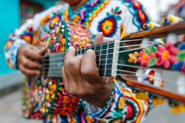 Close-up of a man's hands playing a guitar, wearing a brightly colored traditional garment.