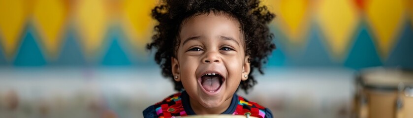 Happy young boy with curly hair smiling broadly.