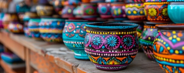 Colorful, intricately patterned ceramic pots on display.