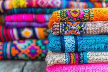 Fototapeta premium Colorful woven textiles stacked in a market stall, showcasing intricate patterns and vibrant colors.