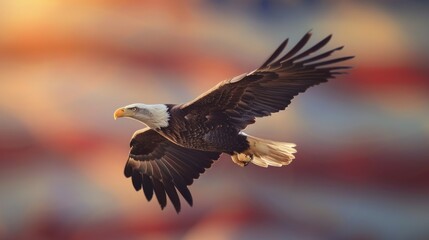 Fototapeta premium Eagle flying with american flag background