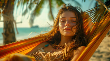 woman relaxing on a hammock between palm trees on a secluded tropical beach