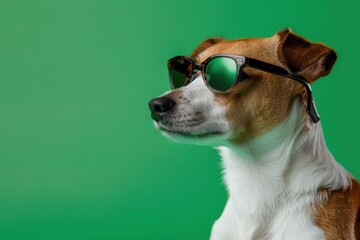 Cool dog wearing sunglasses poses against green background