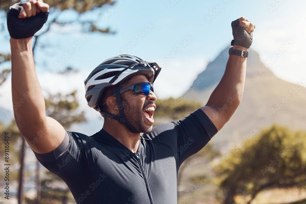 Poster Happy man, cyclist and celebration with helmet in nature for challenge, winning or victory on mountain. Excited male person, athlete or biker with smile for accomplishment, fitness goals or cycling