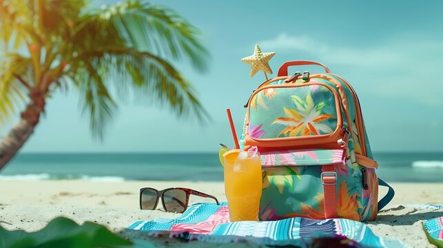 A school backpack with a summer theme, set on a beach towel with sunglasses and a tropical drink.