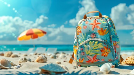 A school backpack with a tropical theme, set on a sandy beach with seashells and a beach umbrella.