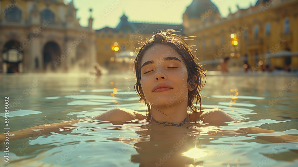 Wall mural woman soaking in the thermal baths at the Széchenyi Spa, capturing relaxation and rejuvenation.