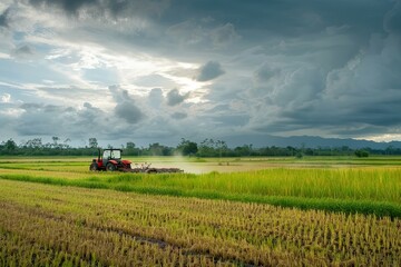 Obraz premium Tractor Plowing Paddy Field Under Cloudy Sky