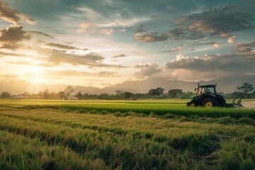 Fototapeta premium Tractor Plowing Paddy Field Under Cloudy Sky