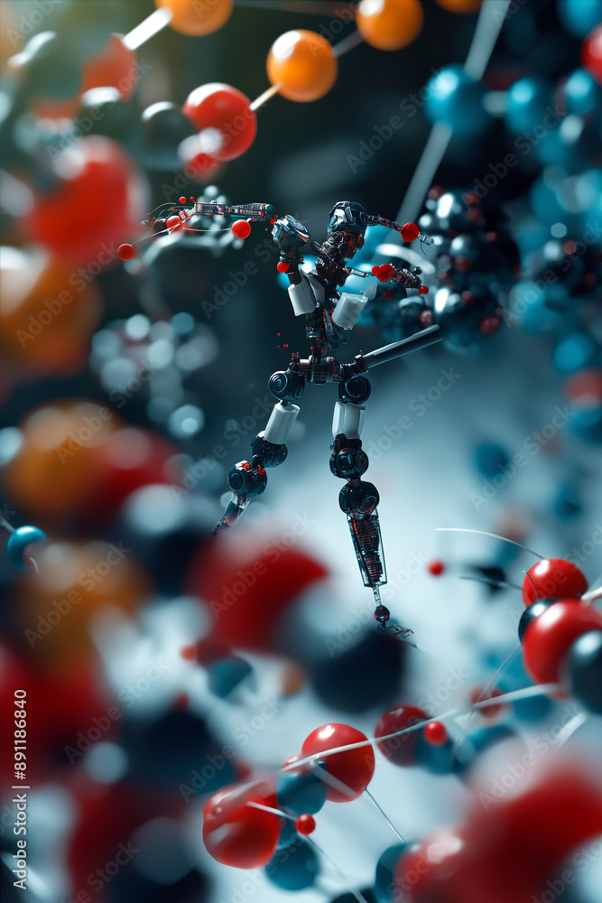 Poster nanorobots assembling at the molecular level, constructing complex structures. nanotechnology concep