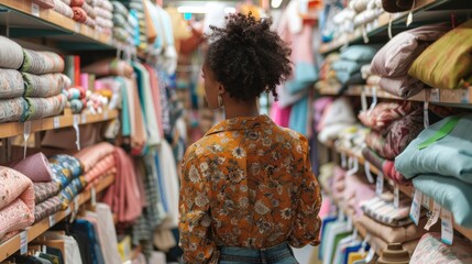 Fototapeta premium Woman picking out fabrics and sewing materials in a craft store