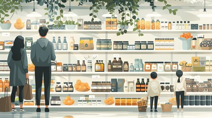 Obraz premium vector, illustration, flat, Family shopping. A vector illustration of people in a store shopping, handwritten drawings in the supermarket and in the mall