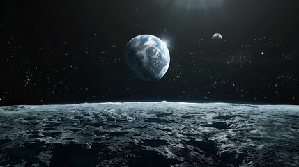 A stunning view of Earth and its moon as seen from the surface of another celestial body, surrounded by the vastness of space.