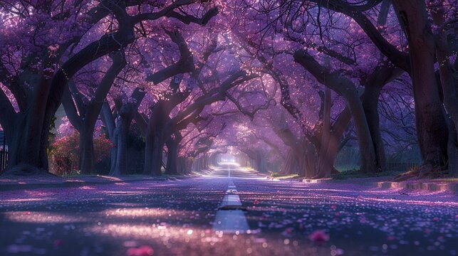 An enchanting path lined with majestic jacaranda trees in full bloom, casting a purple glow over the road.