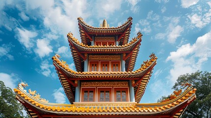 Obraz premium A beautiful multi-tiered pagoda with intricate details and vibrant colors, set against a bright blue sky, exemplifying traditional Asian architecture.