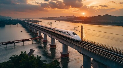 Obraz premium A high-speed train travels across a long bridge over a river during a beautiful sunset, showcasing modern transportation and scenic views.