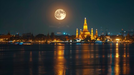 Obraz premium A stunning night view of a brightly lit temple by the river, with a full moon shining overhead, reflecting beautifully on the water.