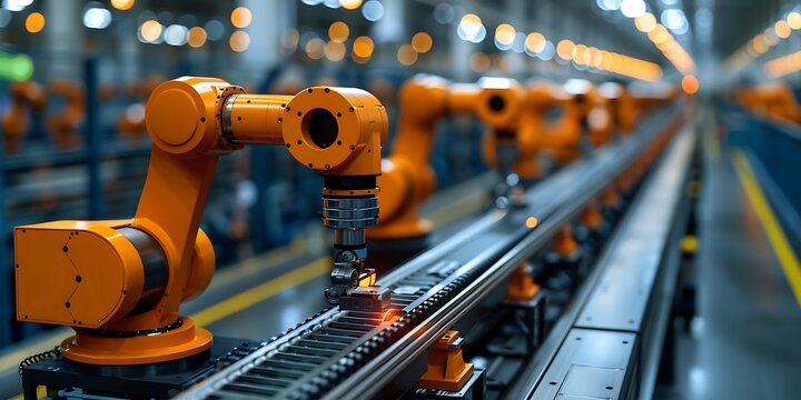 Smart industry robot arms for digital factory technology showing automation manufacturing process of the Industry 4.0 or 4th industrial revolution