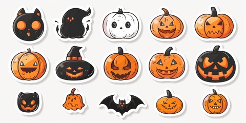 Fototapeta premium Vibrant Collection of Rhinestone Halloween Stickers Featuring Glittery Pumpkins, Bats, and Spiders on a Stark White Background