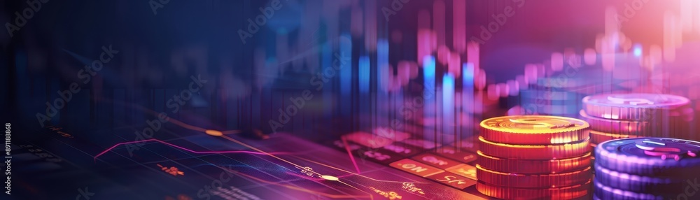 Poster colorful digital cryptocurrency and financial market concept with stacks of coins and abstract graph