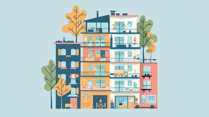 Fototapeta premium Colorful illustration of a multi-story apartment building with trees, balconies, and various room details. Cozy urban living concept art.