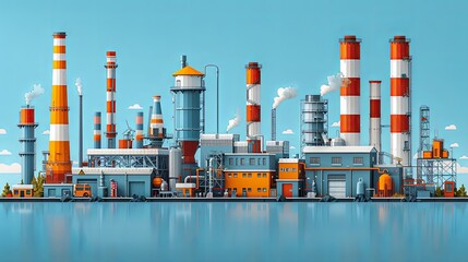 Obraz premium vector, illustration, flat, Factory industry manufactory power electricity buildings flat icons set isolated. Urban factory plant landscape vector illustration
