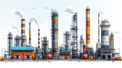 Obraz premium vector, illustration, flat, Factory industry manufactory power electricity buildings flat icons set isolated. Urban factory plant landscape vector illustration