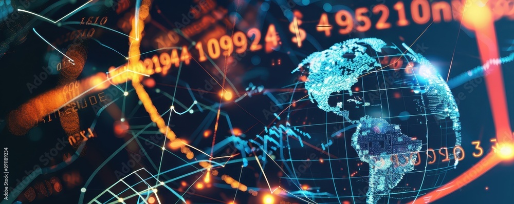 Aufkleber futuristic digital display with world map, data analytics, and financial information for global busi