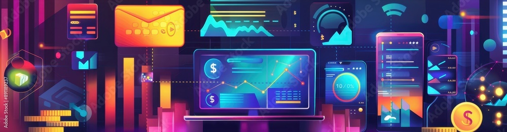 Aufkleber futuristic digital interface with financial data and bright neon colors, showcasing technology and a