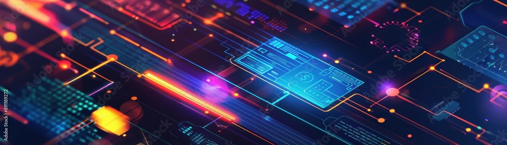 Aufkleber futuristic digital technology background featuring colorful glowing circuitry and dynamic geometric 