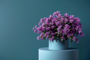 Podium, stand, showcase and brigth purple flowers on dark teal background. Mock up scene. Trendy color 2024 - generative ai