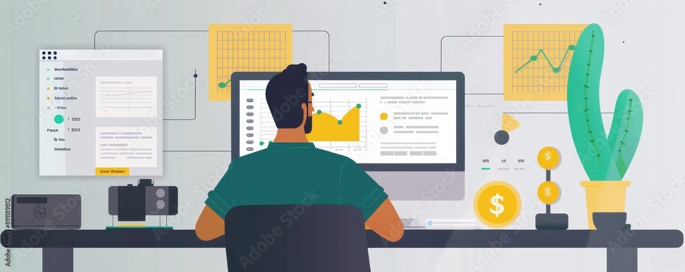 Aufkleber man analyzing data on multiple screens in a modern office setting. concept of digital marketing, dat