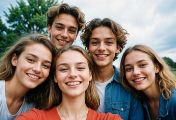 Obraz premium 13071215 05 5. A group of friends taking a selfie together, smiling brightly. Sharp Focus, High-resolution photograph