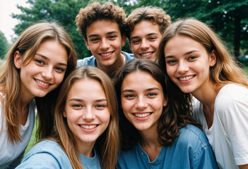 Obraz premium 13071215 05 5. A group of friends taking a selfie together, smiling brightly. Sharp Focus, High-resolution photograph